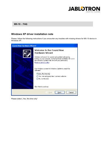 Windows XP driver installation note - Jablotron