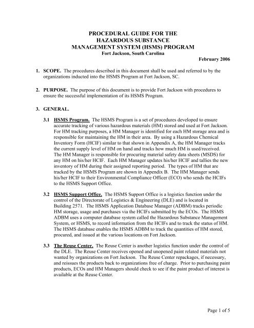 procedural guide for the hazardous substance ... - Fort Jackson