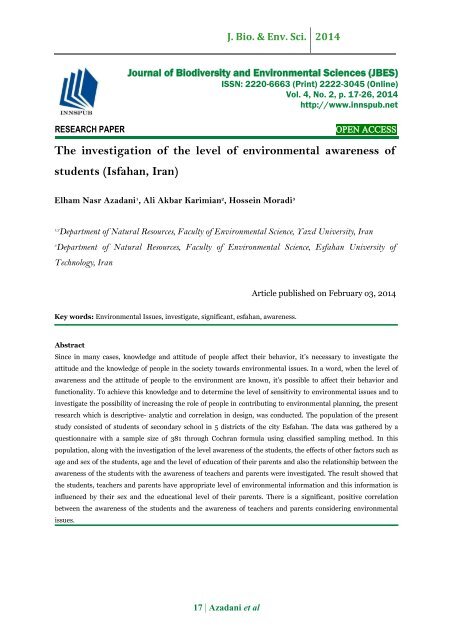 The investigation of the level of environmental awareness of students (Isfahan, Iran)