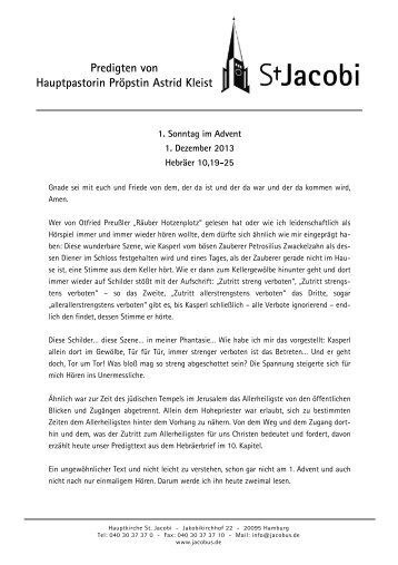 Predigten von Hauptpastorin PrÃ¶pstin Astrid Kleist - St. Jacobi