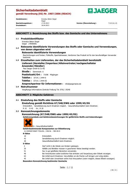 Sicherheitsdatenblatt - Paul Jaeger GmbH & Co. KG