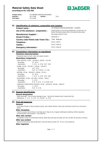 Material Safety Data Sheet - Paul Jaeger GmbH & Co. KG