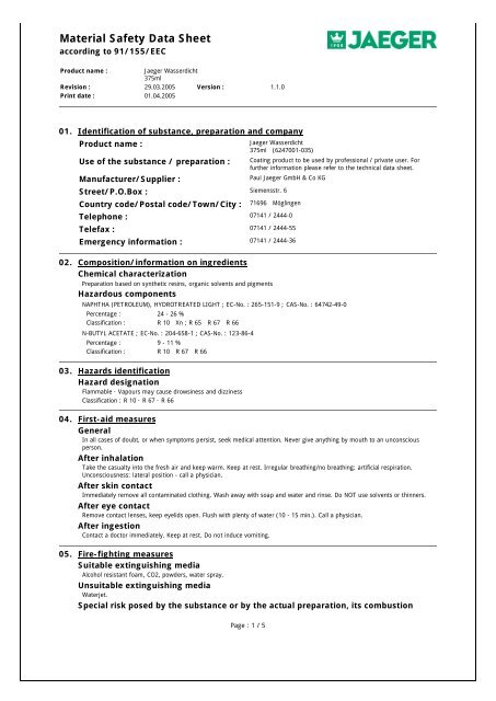 Material Safety Data Sheet - Paul Jaeger GmbH & Co. KG