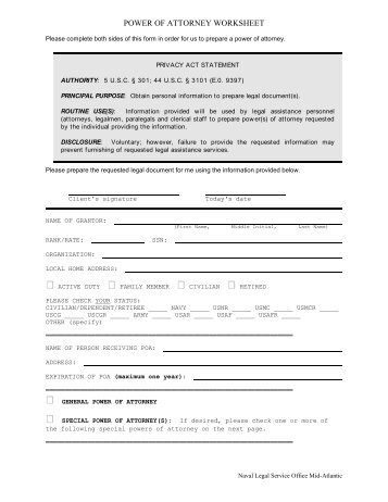 POWER OF ATTORNEY WORKSHEET