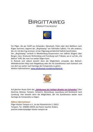 Birgittaweg (BirgittavÃ¤gen) - Jakobswege in Norddeutschland