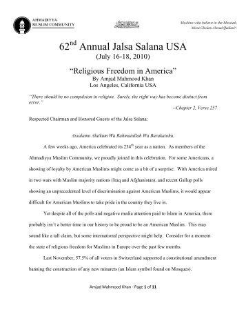 Religious Freedom in America - Jalsa Salana USA 2010