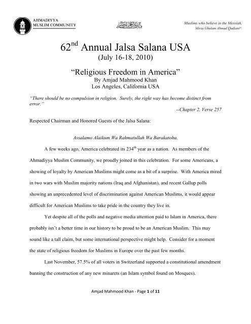Religious Freedom in America - Jalsa Salana USA 2010