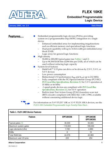 FLEX 10KE Embedded Programmable Logic Device Data Sheet