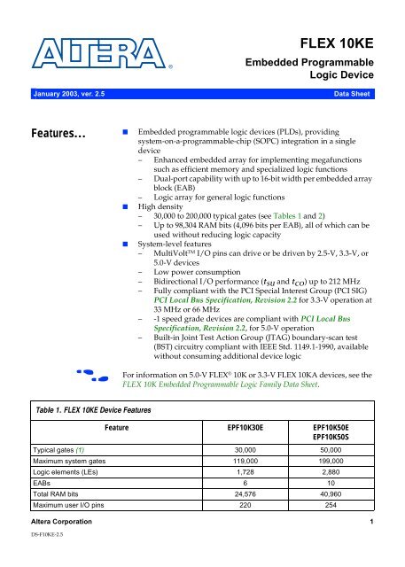 FLEX 10KE Embedded Programmable Logic Device Data Sheet