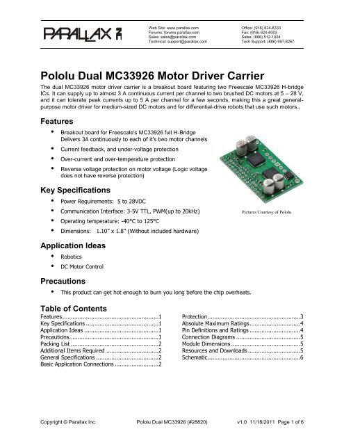 Pololu Dual MC33926 Motor Driver Carrier - Parallax, Inc.