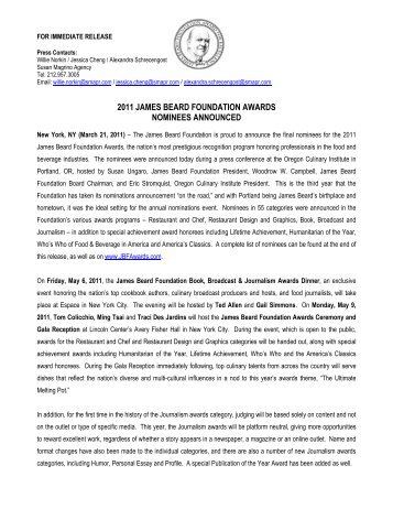 2011 JBF Awards Nominees Announced - James Beard Foundation