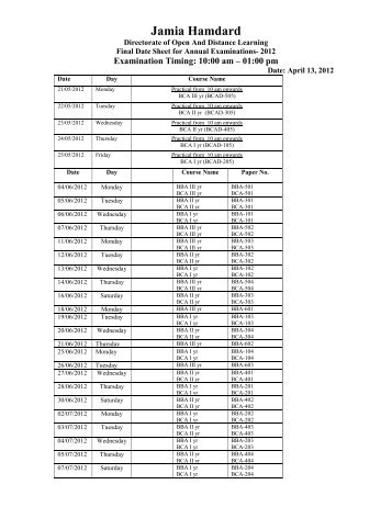 Final Date Sheet for Annual Examinations- 2012 - Jamia Hamdard