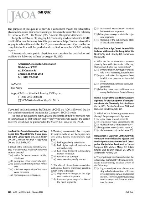 Cme Quiz Jaoa A The Journal Of The American Osteopathic Cme Quiz Jaoa A The Journal Of The American Osteopathic