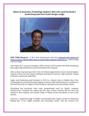 Abney & Associates Technology Updates: Man who sued Facebook's Zuckerberg must face fraud charges, judge