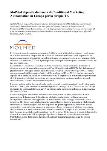 MolMed deposita domanda di Conditional Marketing Authorisation in Europa per la terapia TK