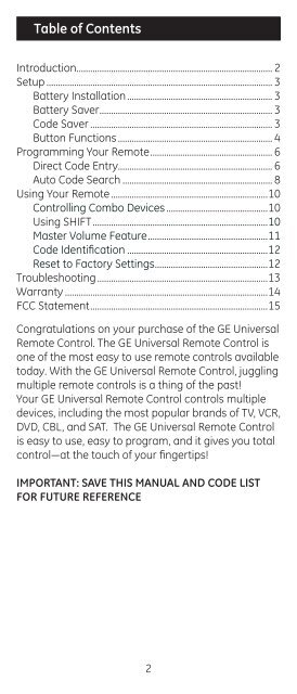 Universal Remote Instruction Manual - Jasco Products