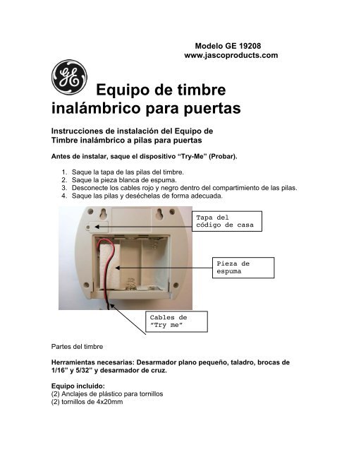 Equipo de timbre inalÃ¡mbrico para puertas - Jasco Products