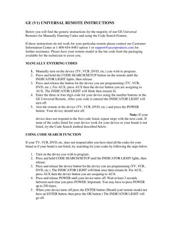 GE (V1) UNIVERSAL REMOTE INSTRUCTIONS - Jasco Products