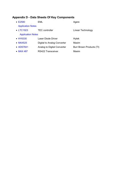 Appendix D - Data Sheets Of Key Components