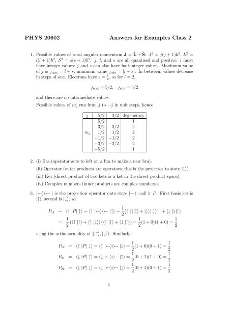 PHYS 20602 Answers for Examples Class 2