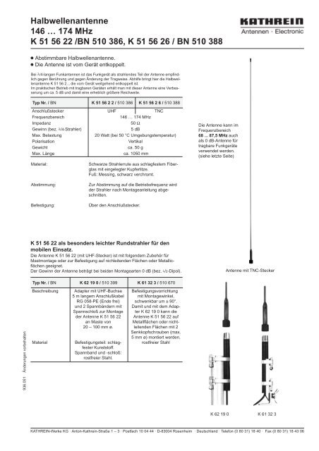 Datenblatt 936051, K515622 / 510386, K515626 / 510388 - Kathrein