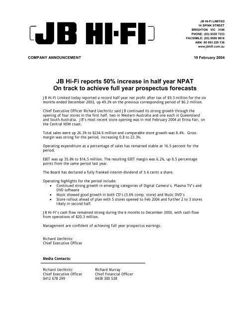 Dec 2003 Half Year Report Jb Hi Fi