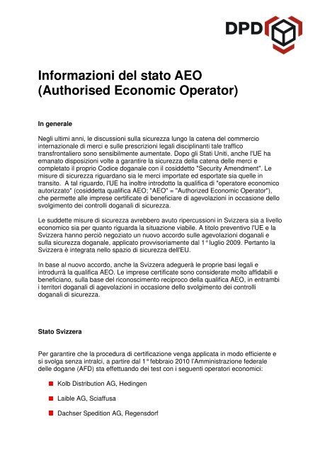 Informazioni del stato AEO (Authorised Economic Operator) - DPD