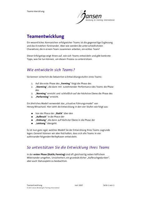 Erfolgstip des Monats 2007-06 - Teamentwicklung.pdf - Jansen ...