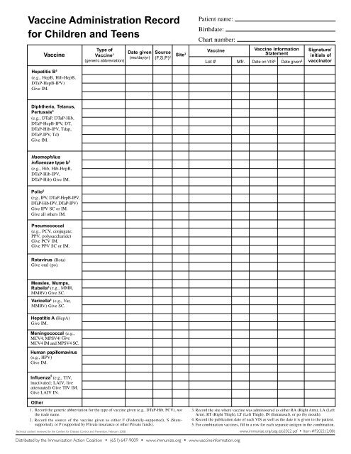 Vaccine Administration Record for Children and Teens - SNPhA