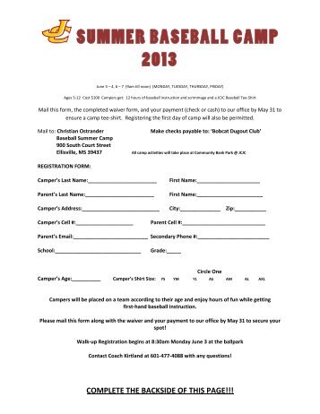 Baseball Summer Camp Registration Form - Jones County Junior ...