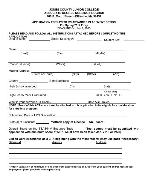 ADV Placement Application - Jones County Junior College