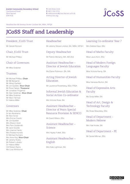 JCoSS Staff and Leadership - Jewish Community Secondary School