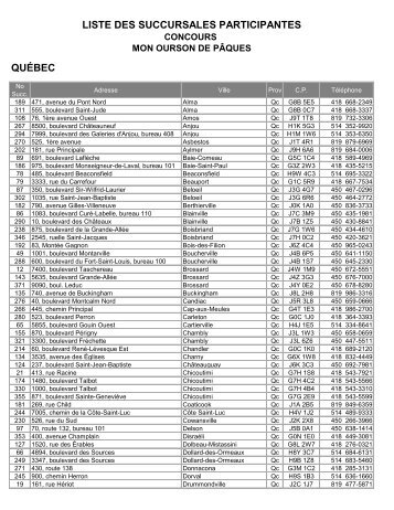 QUÃBEC LISTE DES SUCCURSALES PARTICIPANTES - Jean Coutu