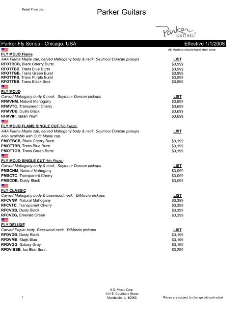 2008 Parker Guitar Pricelist - Jedistar