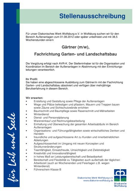 Stellenausschreibung Diakonie Wolfsburg