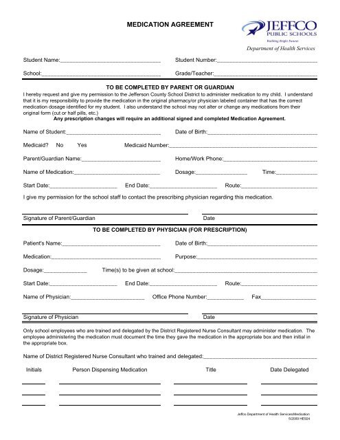 Medication Agreement Form - JEFFCO Public Schools