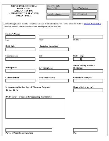 Administrative Student Transfer Request Form for Parents