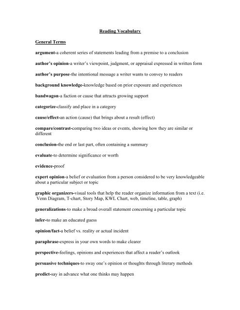 Reading Vocabulary General Terms argument-a coherent series of ...