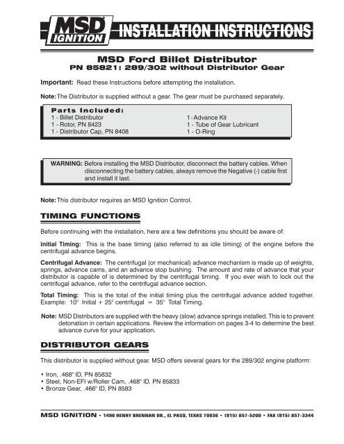 MSD 85821 Distributor Installation Instructions - Jegs