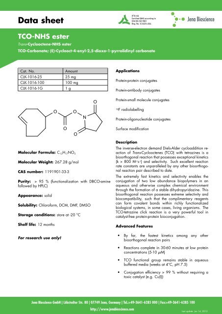 Data sheet TCO-NHS ester - Jena Bioscience