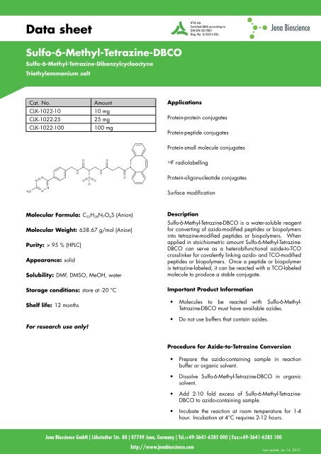 Data sheet Sulfo-6-Methyl-Tetrazine-DBCO - Jena Bioscience