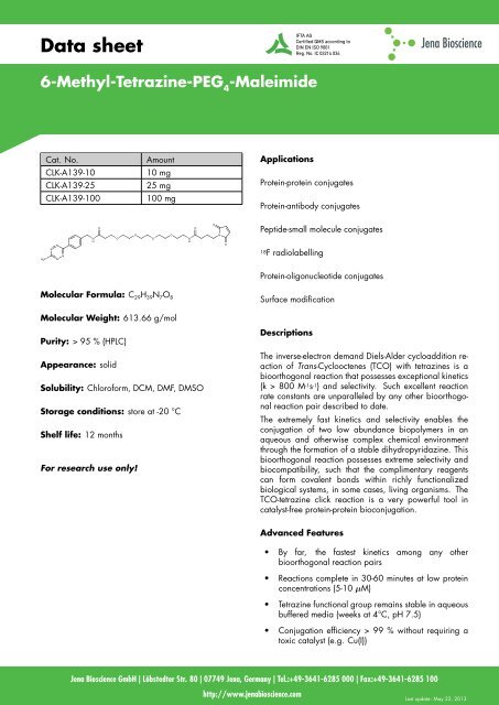 Data sheet 6-Methyl-Tetrazine-PEG - Jena Bioscience