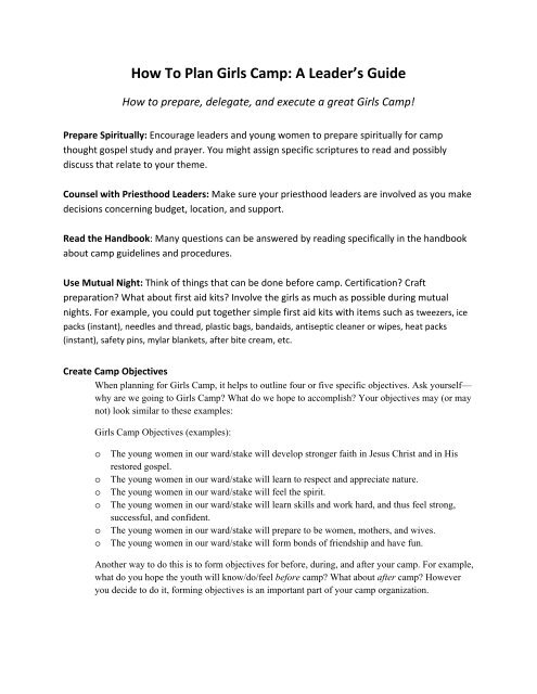 How To Plan Girls Camp A Leader S Guide Jenny Phillips How To Plan Girls Camp A Leader S Guide Jenny Phillips