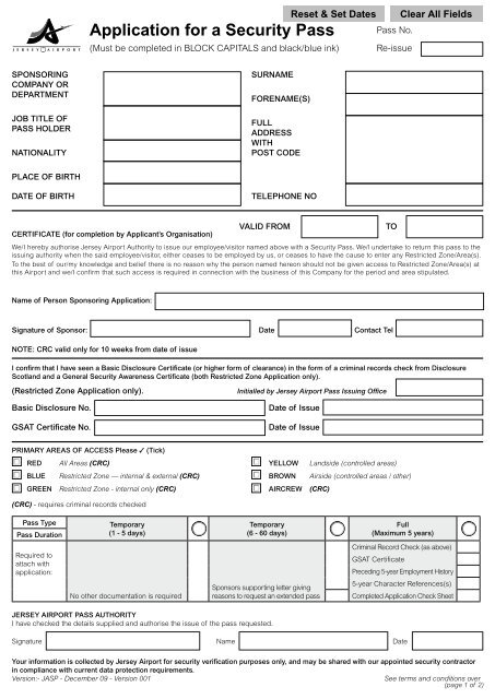 Application for a Security Pass - Jersey Airport