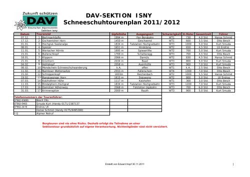 DAV-SEKTION ISNY Schneeschuhtourenplan 2011/2012