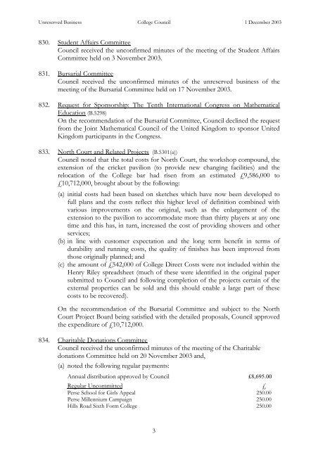 Council Minutes (Unreserved) - 1 December 2003 - Jesus College