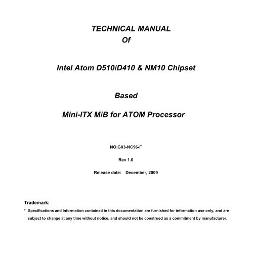 TECHNICAL MANUAL Of Intel Atom D510/D410 ... - Jetway Computer