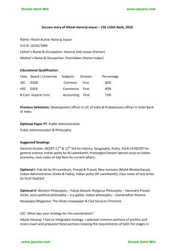 Success story of Hitesh Hansraj Joysar â CSE 116th Rank ... - Jeywin