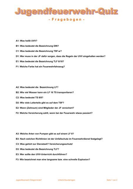 Jugendfeuerwehr-Quiz Fragebogen - Jugendfeuerwehr Drögennindorf