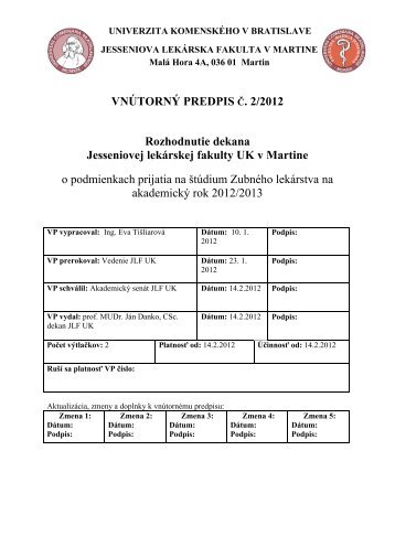 Vnútorný predpis JLF UK č. 2/2012 - Jesseniova lekárska fakulta ...